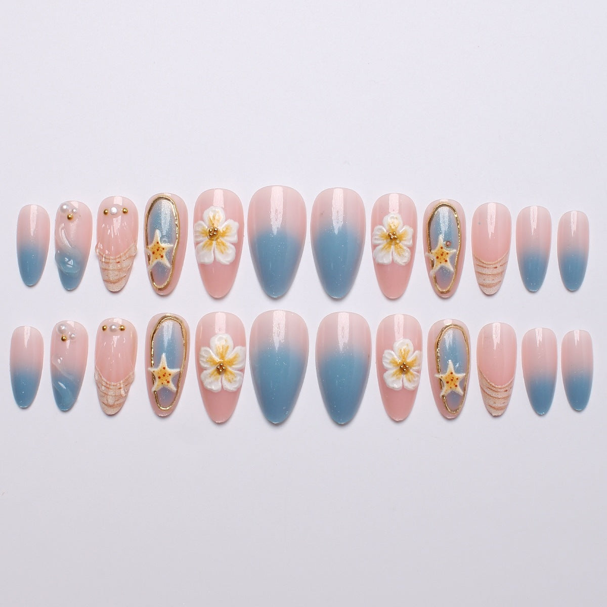 Künstlerisches Muschel- und Blumen-Press-On-Nagelkunst-Set Brehn