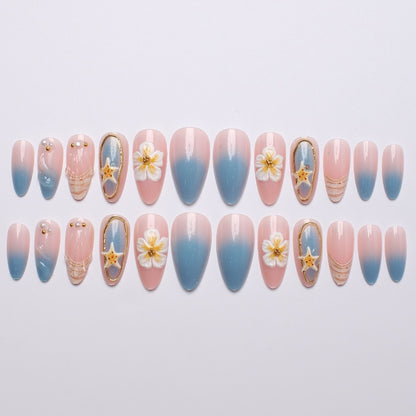Künstlerisches Muschel- und Blumen-Press-On-Nagelkunst-Set Brehn