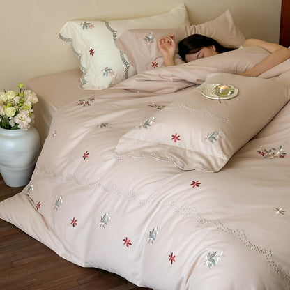 Bestickte Baumwollsatin Blumen Bettwäsche Set