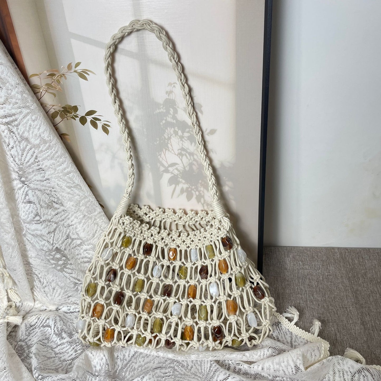 Handgeknüpfte Netztasche mit Dekorativen Perlen Brehn