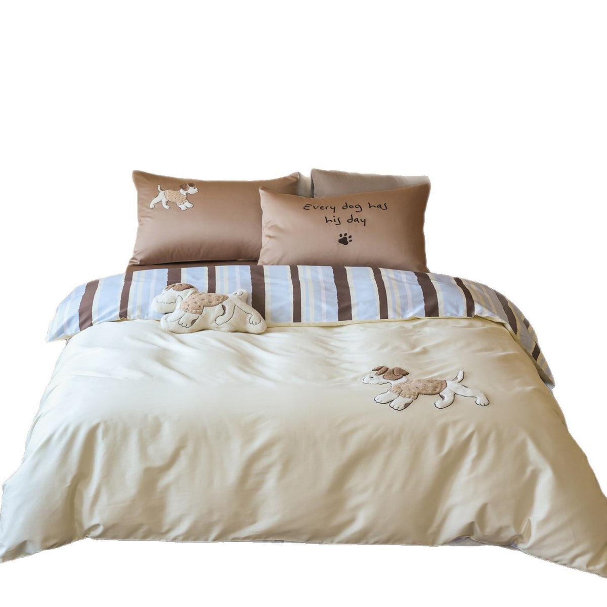 Bestickte Hund-Applikation Baumwolle Bettwäsche Set mit Wendbarem Gestreiftem Panel & Kissenbezügen