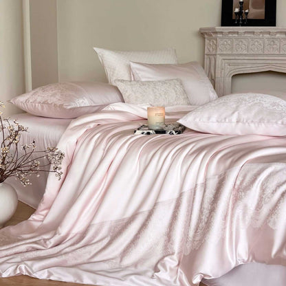 Luxuriöse Jacquard-Satin-Bettdecke und Bettbezugsensemble mit Spitzenrandrock