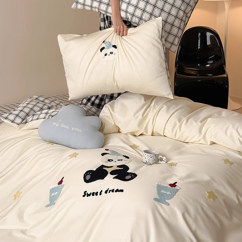 Bestickte Baumwollsatin Bettbezug Set mit Applikation Hasen und Punkte Kissenbezüge