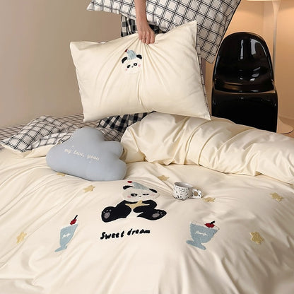 Bestickte Baumwollsatin Bettbezug Set mit Applikation Hasen und Punkte Kissenbezüge