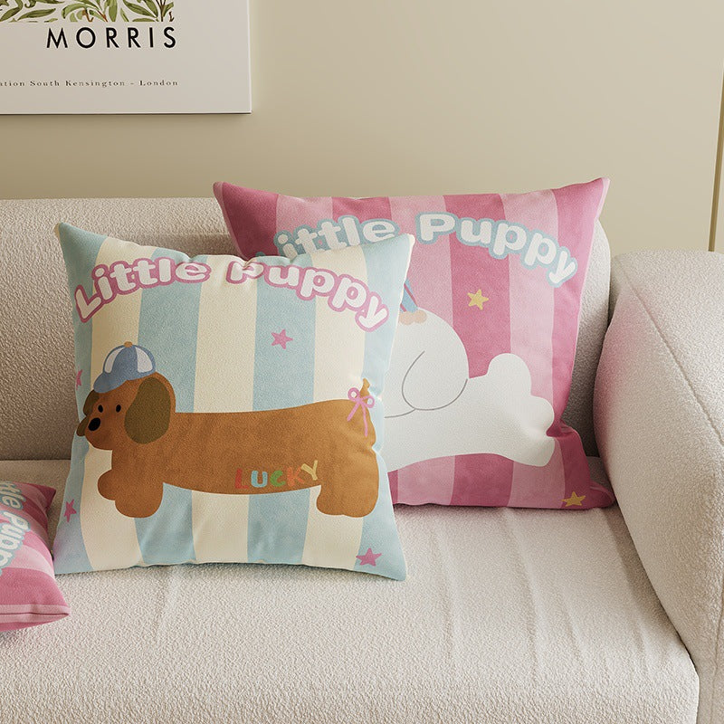 Square Decorative Throw Pillow Cover with Cute Cartoon Cat Illustration and Vertical Pink Stripe Linen-Blend