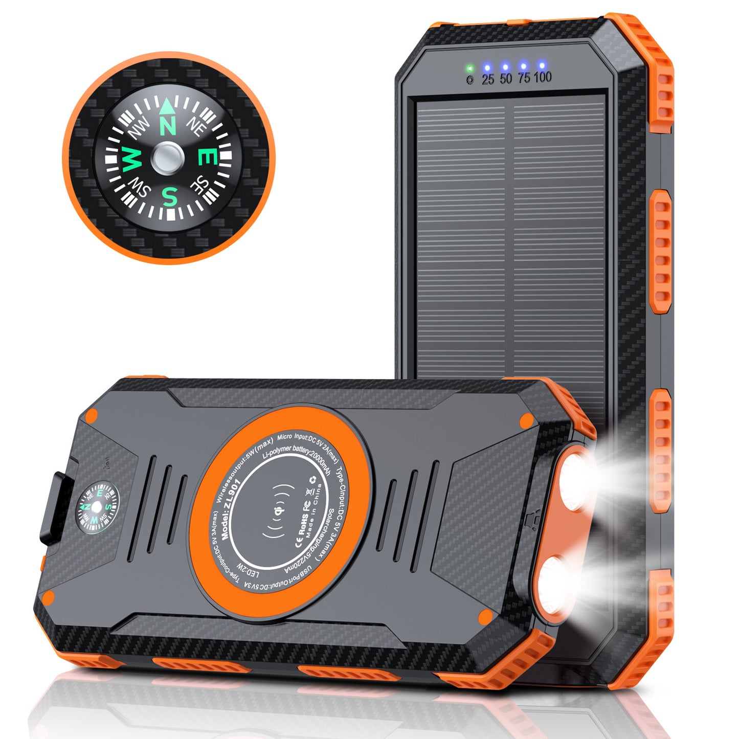 Solarbetriebene Powerbank mit Integriertem Kompass und LED-Beleuchtung Brehn