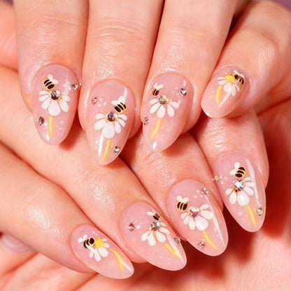 Dekoratives Floral- und Bienen-Press-On-Nagelkunst-Set Brehn