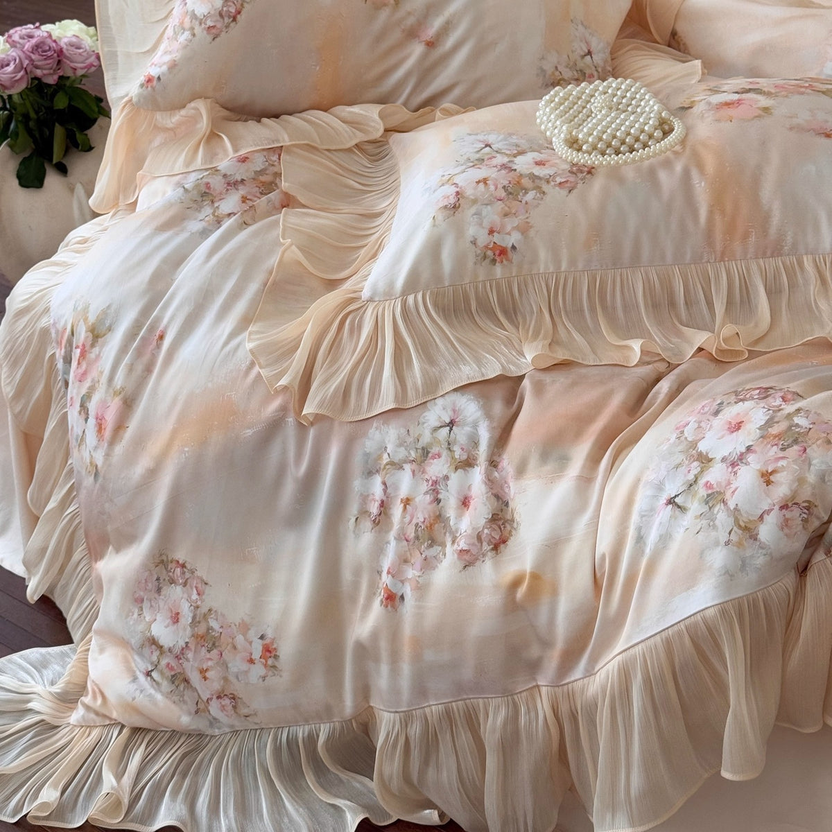Blumen Rüsch Satin Bettbezug Set