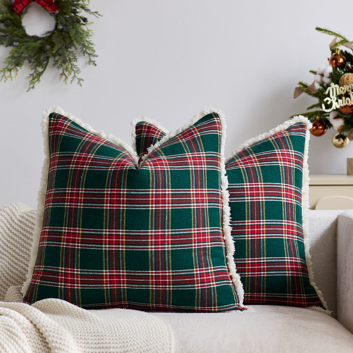Plaid Sherpa-Trim Quadrat Dekorative Wurfkissenbezug