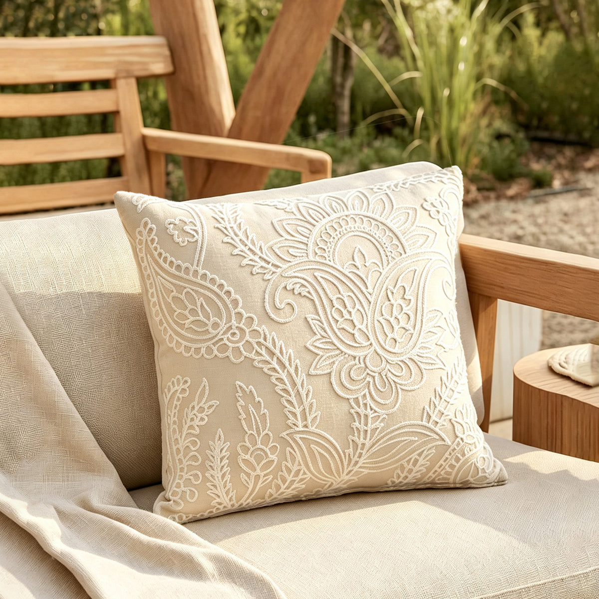 Besticktes Zierkissen aus Leinenoptik mit Paisley‑Ornament und Reliefstickerei Brehn