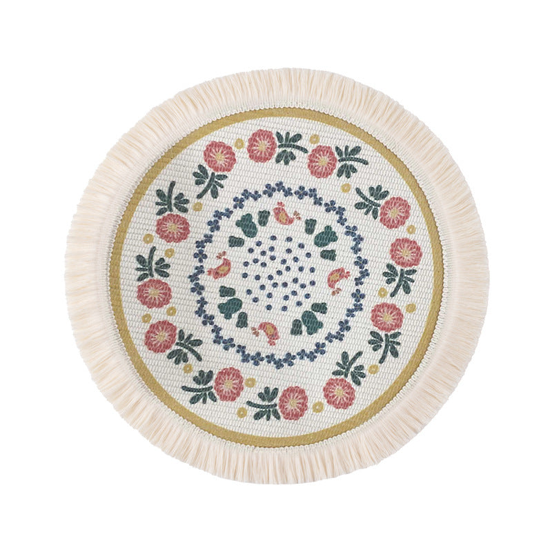 Runder flachgewebter Baumwoll-Teppich mit Mandala-Motiv und dekorativen Fransen Brehn