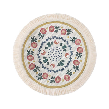 Runder flachgewebter Baumwoll-Teppich mit Mandala-Motiv und dekorativen Fransen Brehn