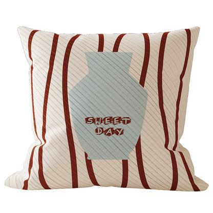Decorative Square Throw Pillow Cover with Coffee Mug Graphic and Striped Jacquard Texture