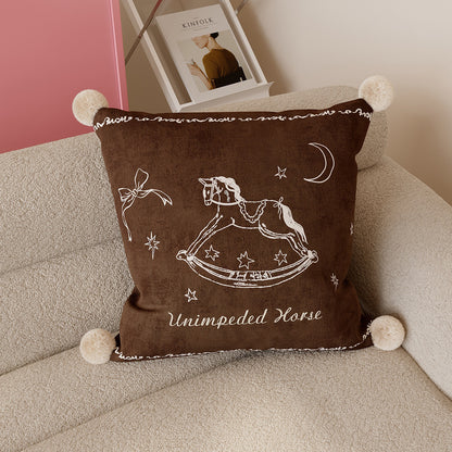 Velvet Pom-Pom Corner Decorative Throw Pillow Cover with Hand-Drawn Rocking Horse Motif