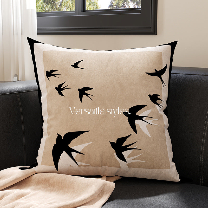 Decorative Square Throw Pillow Cover with Flying Swallow Silhouette Suede-Feel Linen-Blend