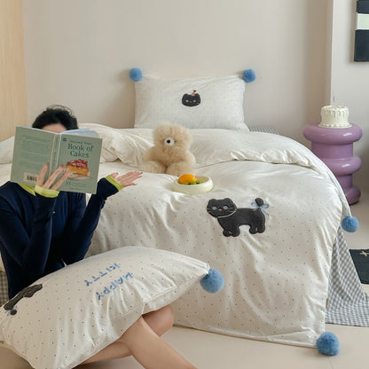 Plüsch Bestickter Bären Bettdeckenbezug Set mit Pom-Pom Ecken