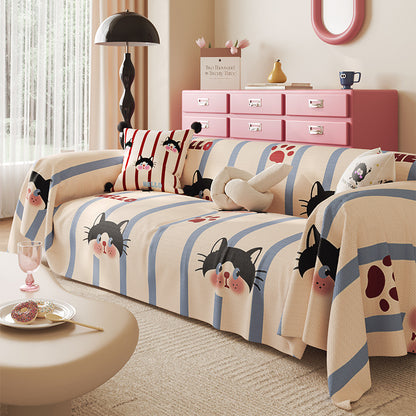 Decorative Stretch-Fit Cat-Print Reversible Sofa Slipcover with Elasticized Skirt