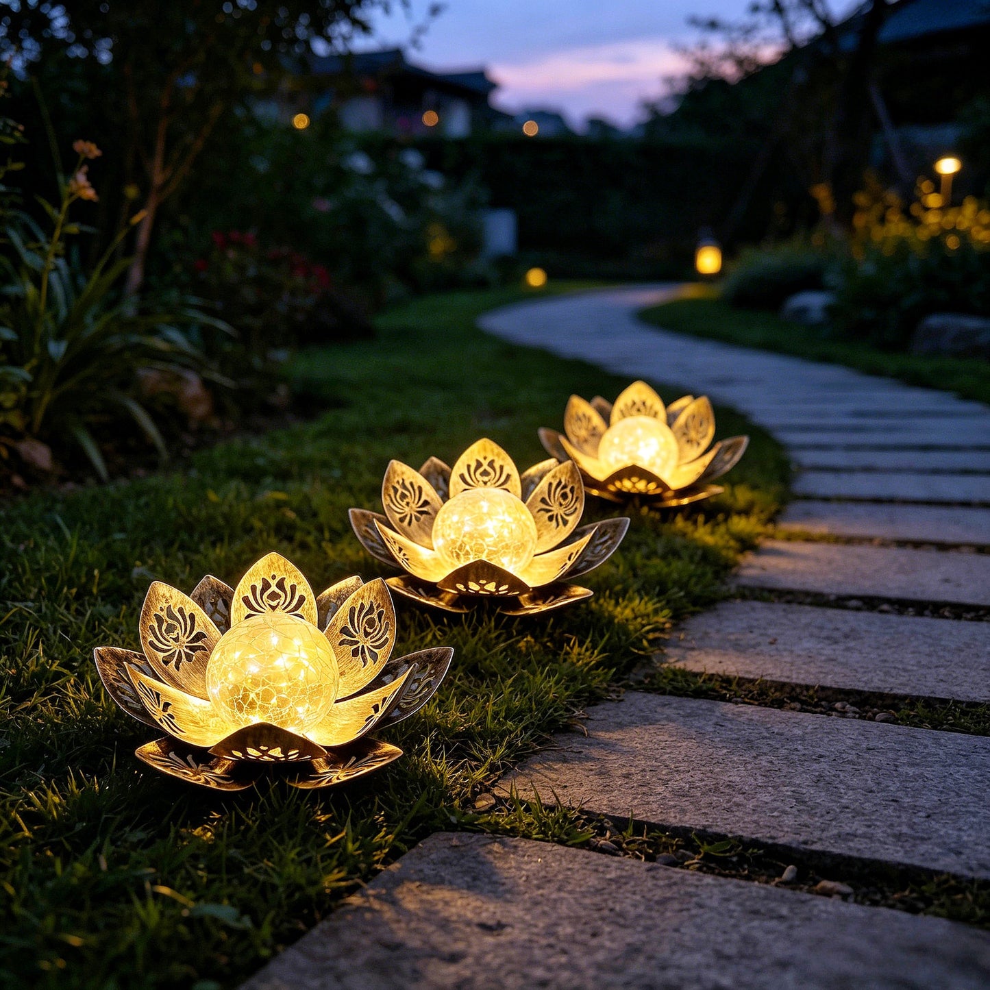 Dekorative Solar Lotus LED Gartenlaterne mit Crackle-Glas-Globus und lasergeschnittenen Metallblütenblättern Brehn