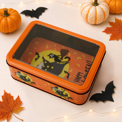 Halloween-Metallbox mit Sichtfenster und Hexenmotiv