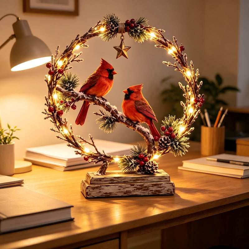 Dekorativer Weihnachtskranz mit Lichtern und Vögeln Brehn