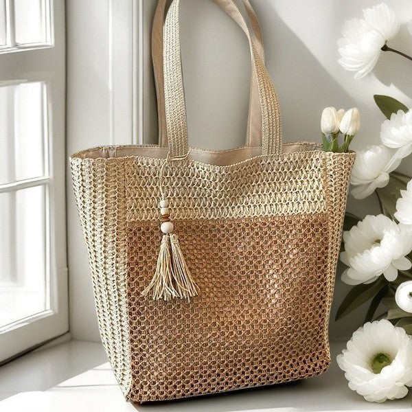 Handgefertigte Strohtasche mit Quasten Brehn