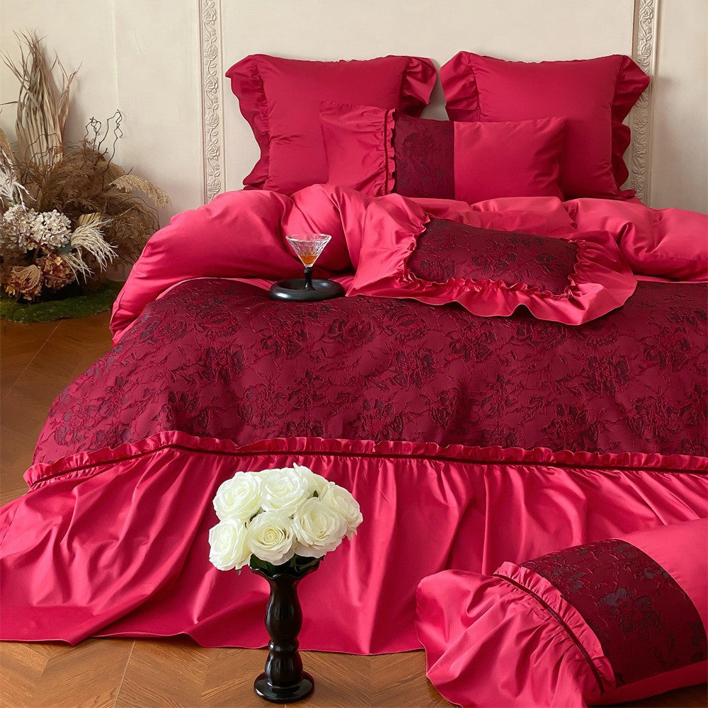 Luxuriöses Satin-Bettwäsche-Set mit Rüschen und Spitzenapplikation