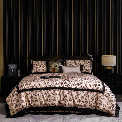 Luxus Satin Leopard-Print Bettbezug Set mit Kontrastbesatz