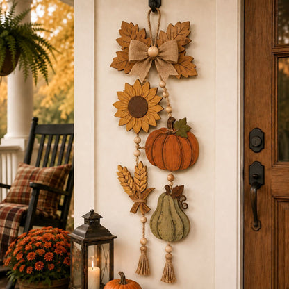 Herbstliche Wandhänger‑Girlande aus Holzoptik mit Kürbis, Sonnenblume und Quasten