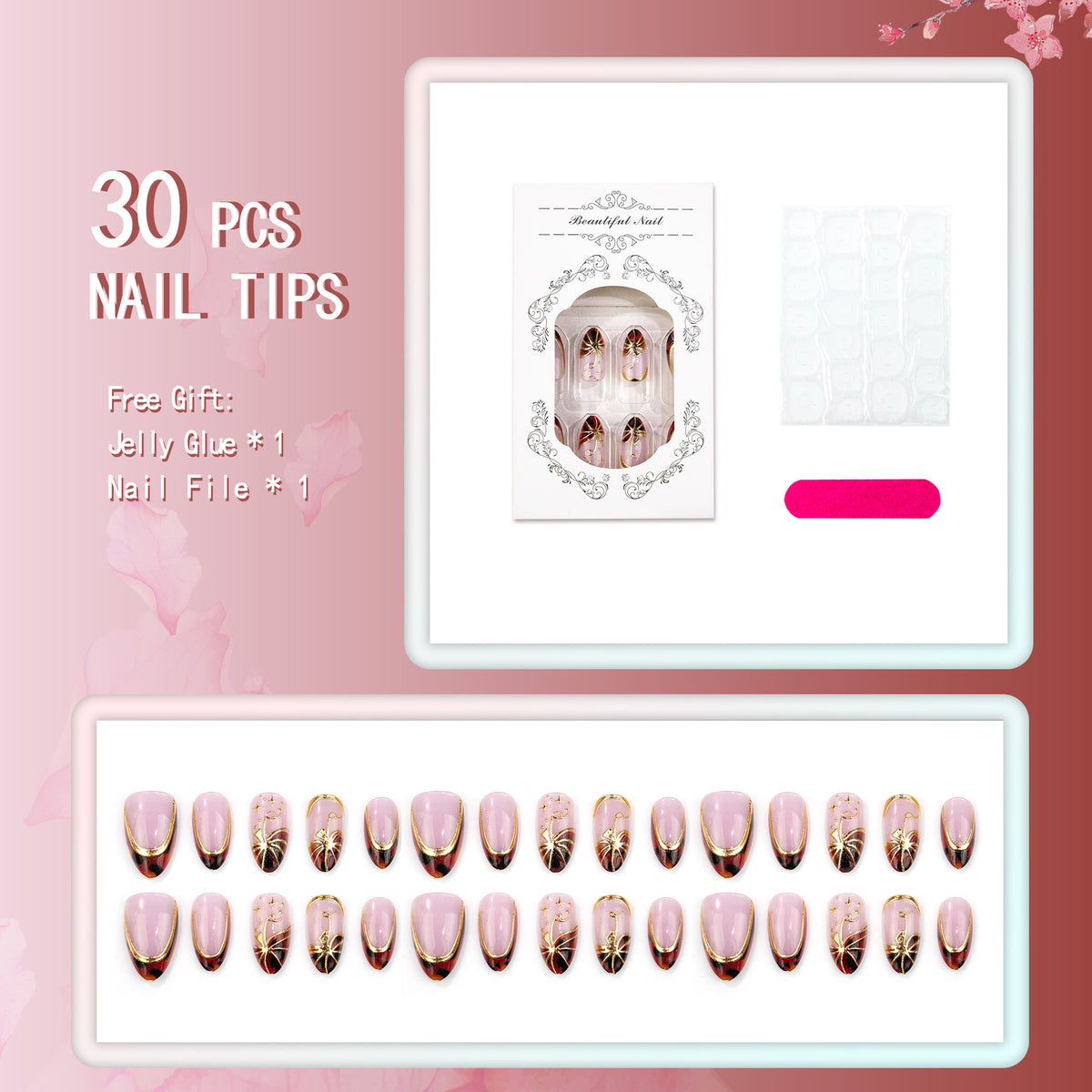 Elegantes Press-On-Nagelset mit hochwertigen Goldakzenten