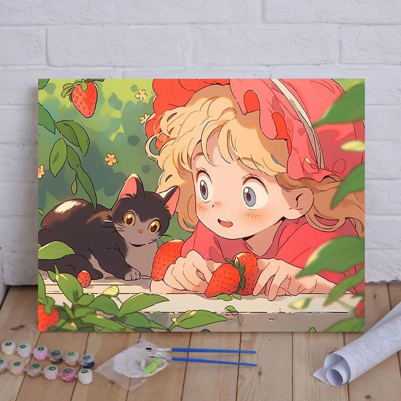 Cartoon Cat und Mädchen Themenleinwand Malset nach Zahlen Brehn
