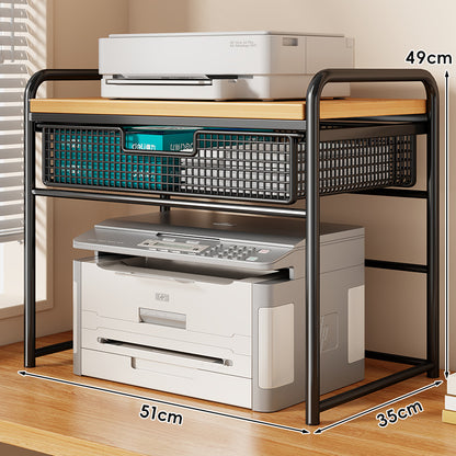 Zwei-Tier Metall- und Holzdruckerstand mit schiebbarer Mesh-Schublade und Unterregal-Speicher