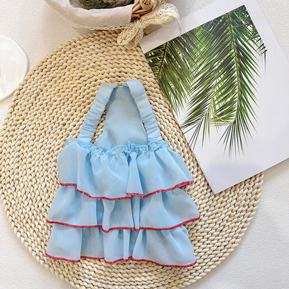 Schichtige Chiffon Rüschenträger-Hundekleid mit elastischem Rücken und Kontrastbesatz