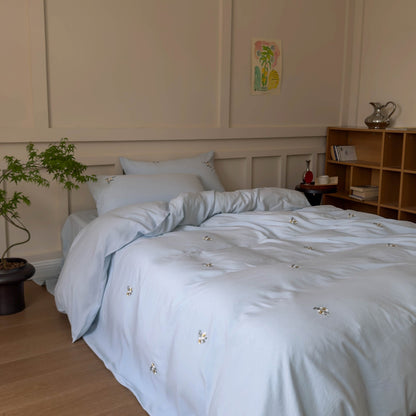 Bestickte botanische Baumwollsatin Bettwäsche Set mit Eckenbindern