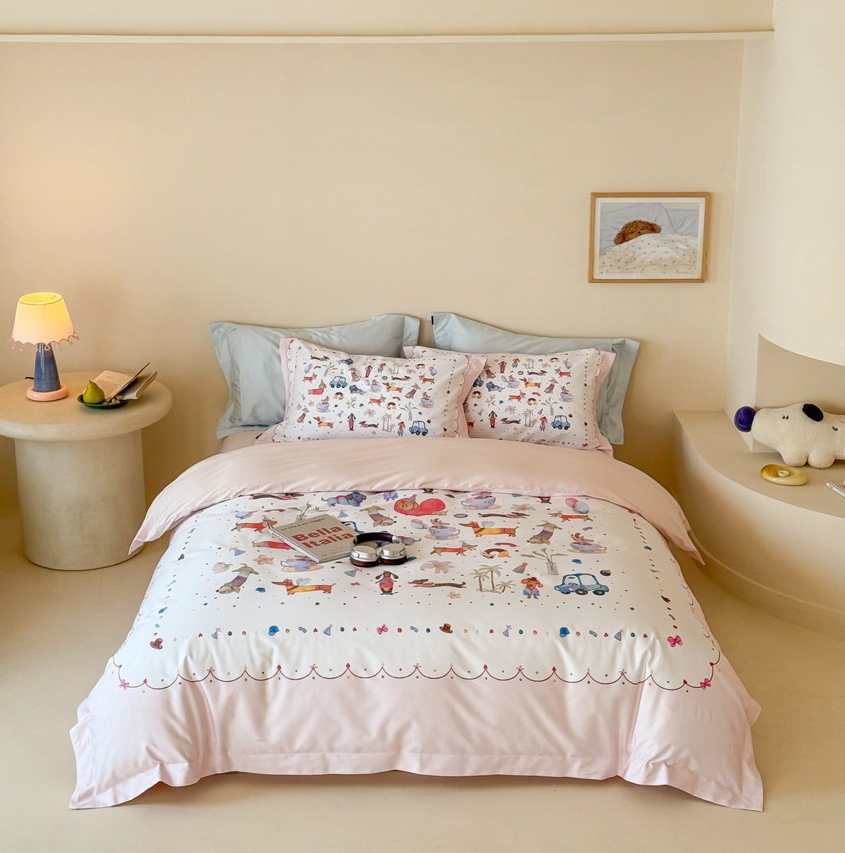 Umkehrbare Baumwollsatin Bettbezugset mit romantischem Aquarelldorf-Blumenmuster und Oxford-Kissenbezügen