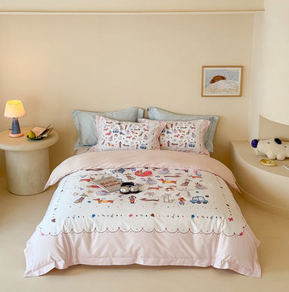 Umkehrbare Baumwollsatin Bettbezugset mit romantischem Aquarelldorf-Blumenmuster und Oxford-Kissenbezügen