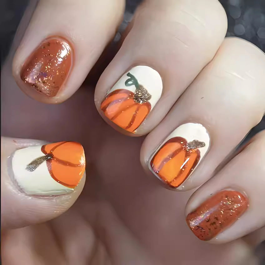 Festliche Kürbis-Themen Press-On Nagelkunst Brehn