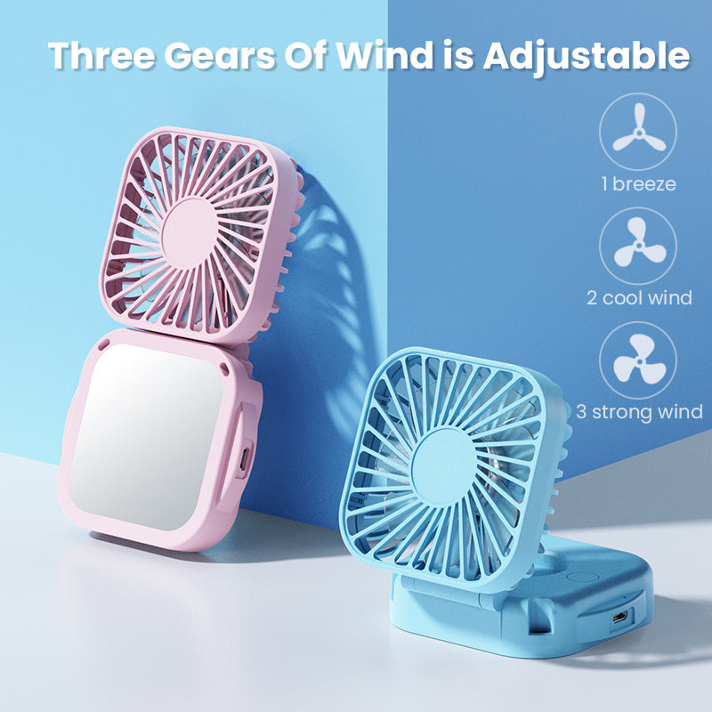 Kühlender tragbarer wiederaufladbarer faltbarer Mini-Ventilator mit Spiegel und verstellbarem Schwenkständer Brehn