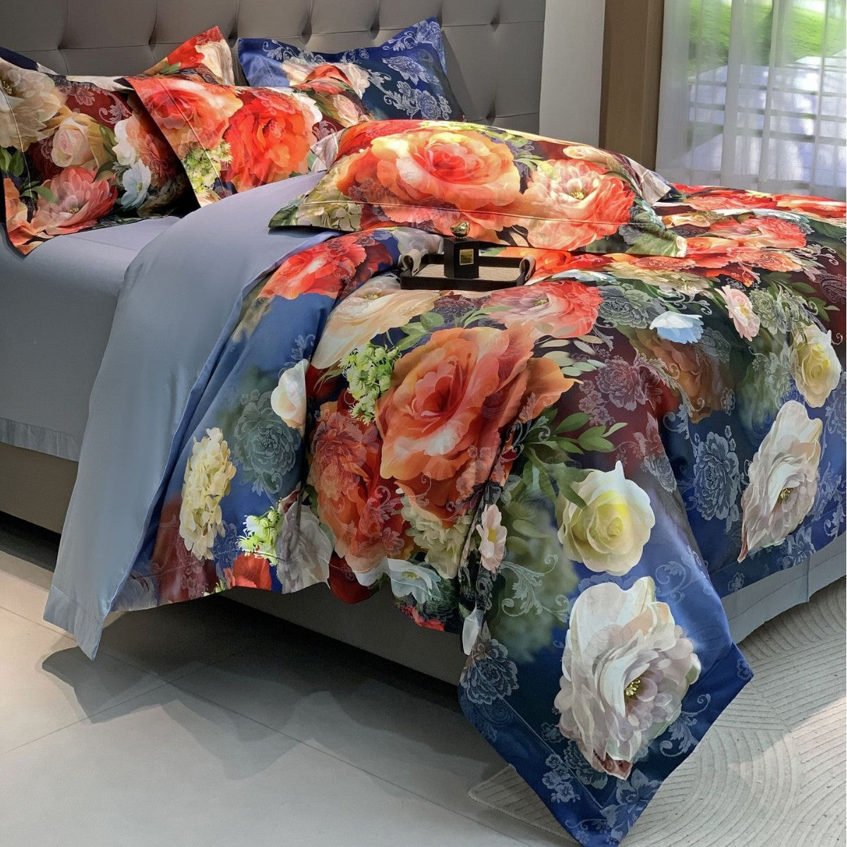 Florales Satin-Effekt Luxus Bettbezug und Kissenbezug Set