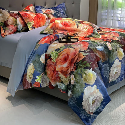 Florales Satin-Effekt Luxus Bettbezug und Kissenbezug Set