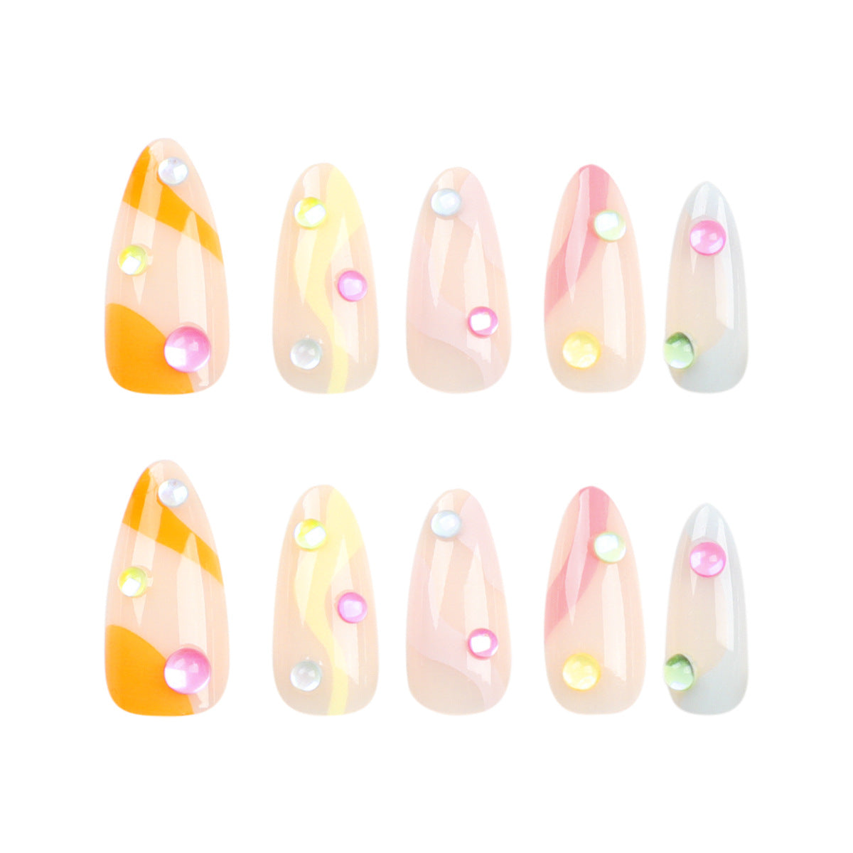 Kunstvolle Nagelverlängerungen mit buntem Design und Glitzerakzenten Brehn