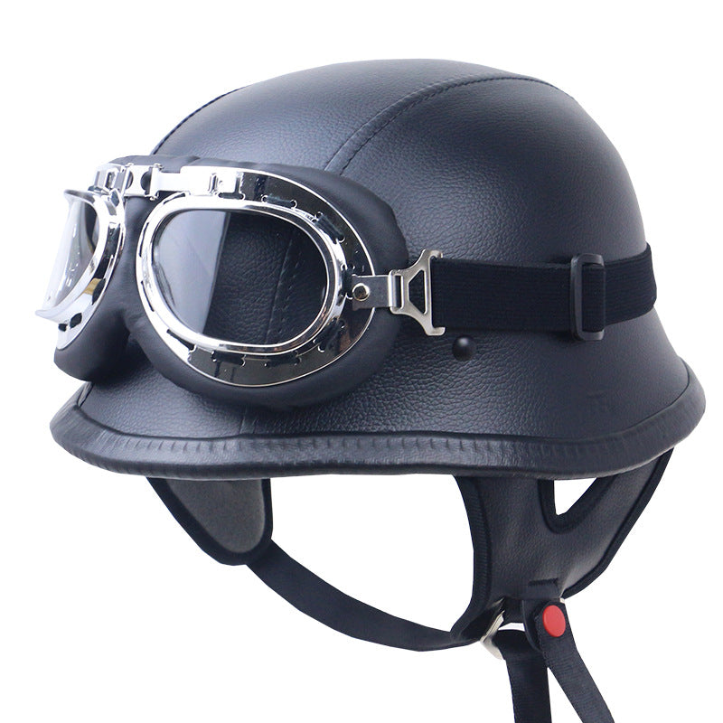 Vintage-Leder-Motorradhelm mit Goggles Brehn