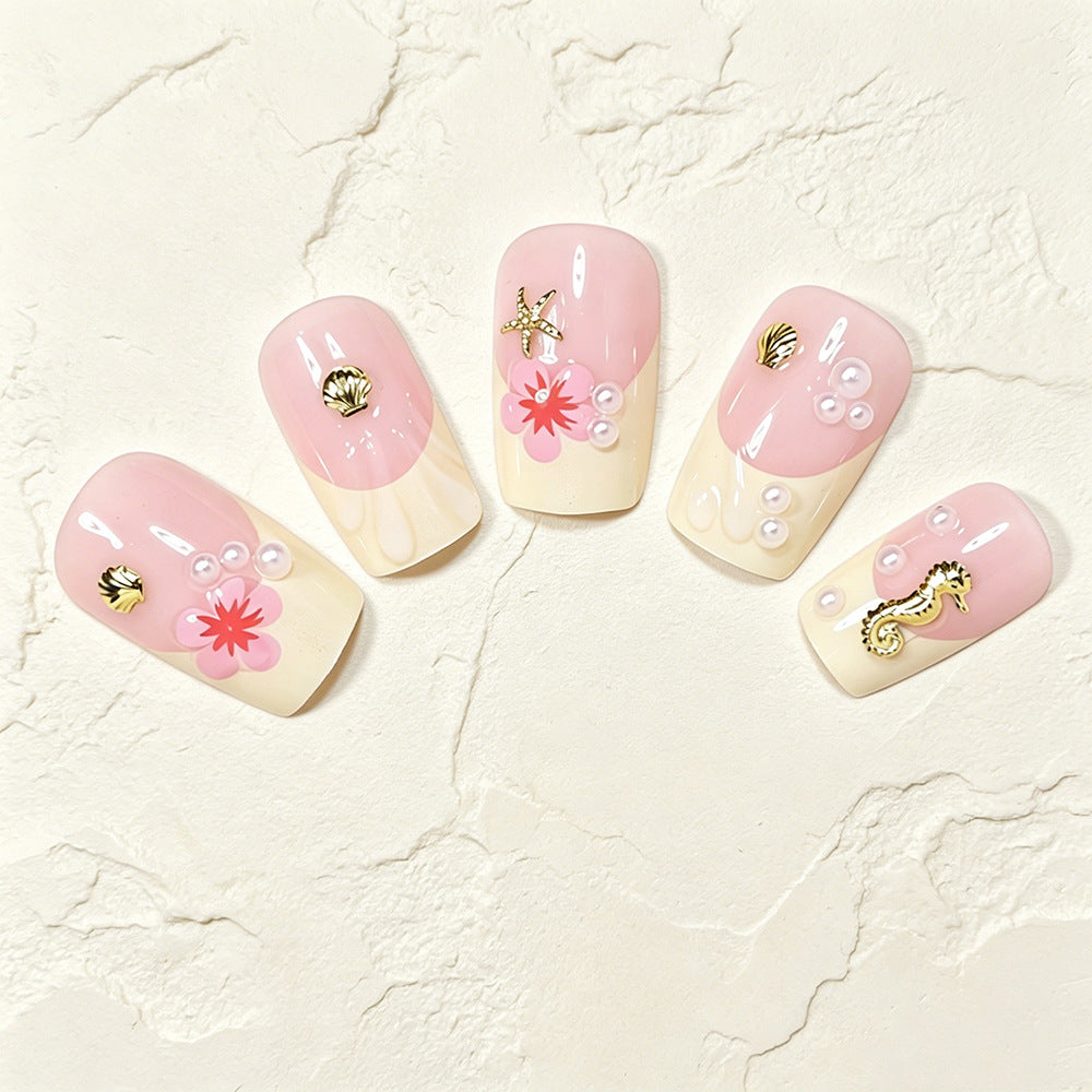 Tropische Muschel- und Blumen-Press-On-Nagelkunst Brehn