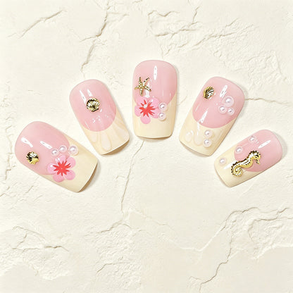 Tropische Muschel- und Blumen-Press-On-Nagelkunst Brehn