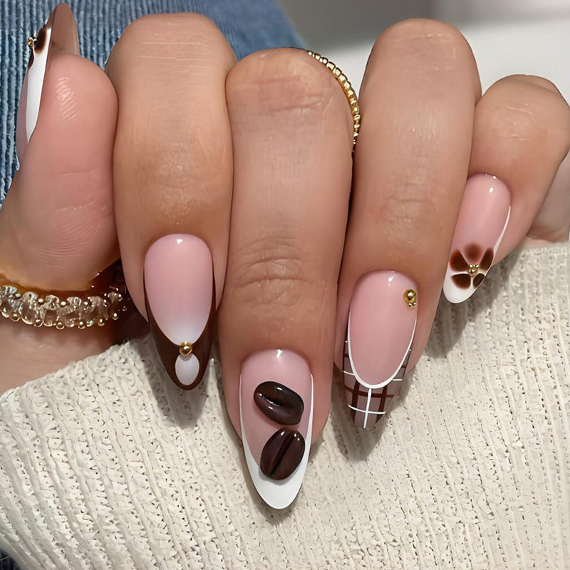 Kunstnagelset mit elegantem Kaffee- und Blumen-Motiv Brehn