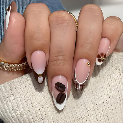 Kunstnagelset mit elegantem Kaffee- und Blumen-Motiv Brehn