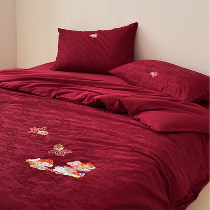 Premium Bettwäsche-Garnitur aus Mako-Baumwoll-Satin mit floraler Jacquardstruktur und gestickten Applikationen Brehn