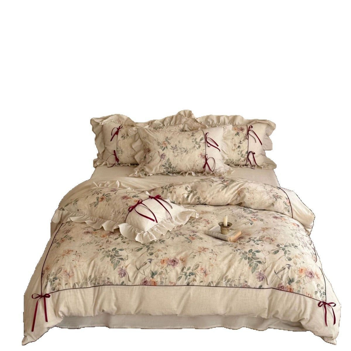 Romantisches Floral Baumwolle-Leinen Bettwäsche Set mit Rüschen Kissenbezügen und Bandbindungen