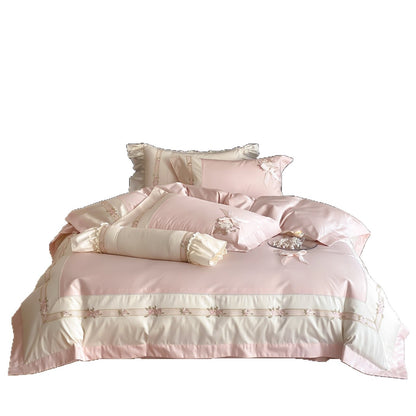 Bestickte Blumenband Baumwollsatin Bettbezug Set mit Kopfkissenrolle & Rüschen Kissenbezügen