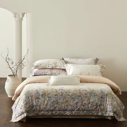 Luxus Floral Baumwollsatin Bettbezug Set mit Kontrastsaum und Kissenbezügen