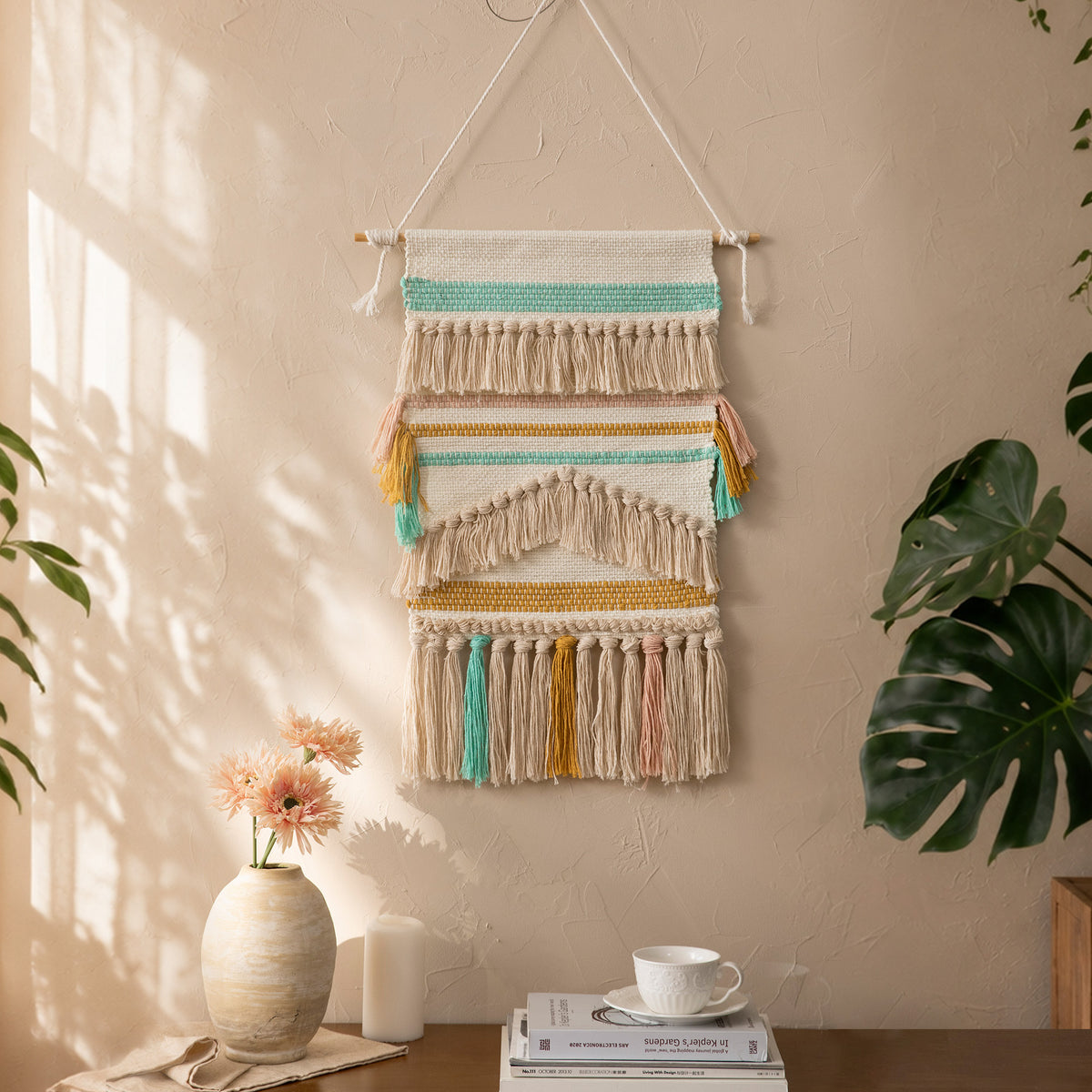 Boho-Wandbehang Makramee mit handgeknüpften Fransen und gewebten Zopfmustern Brehn